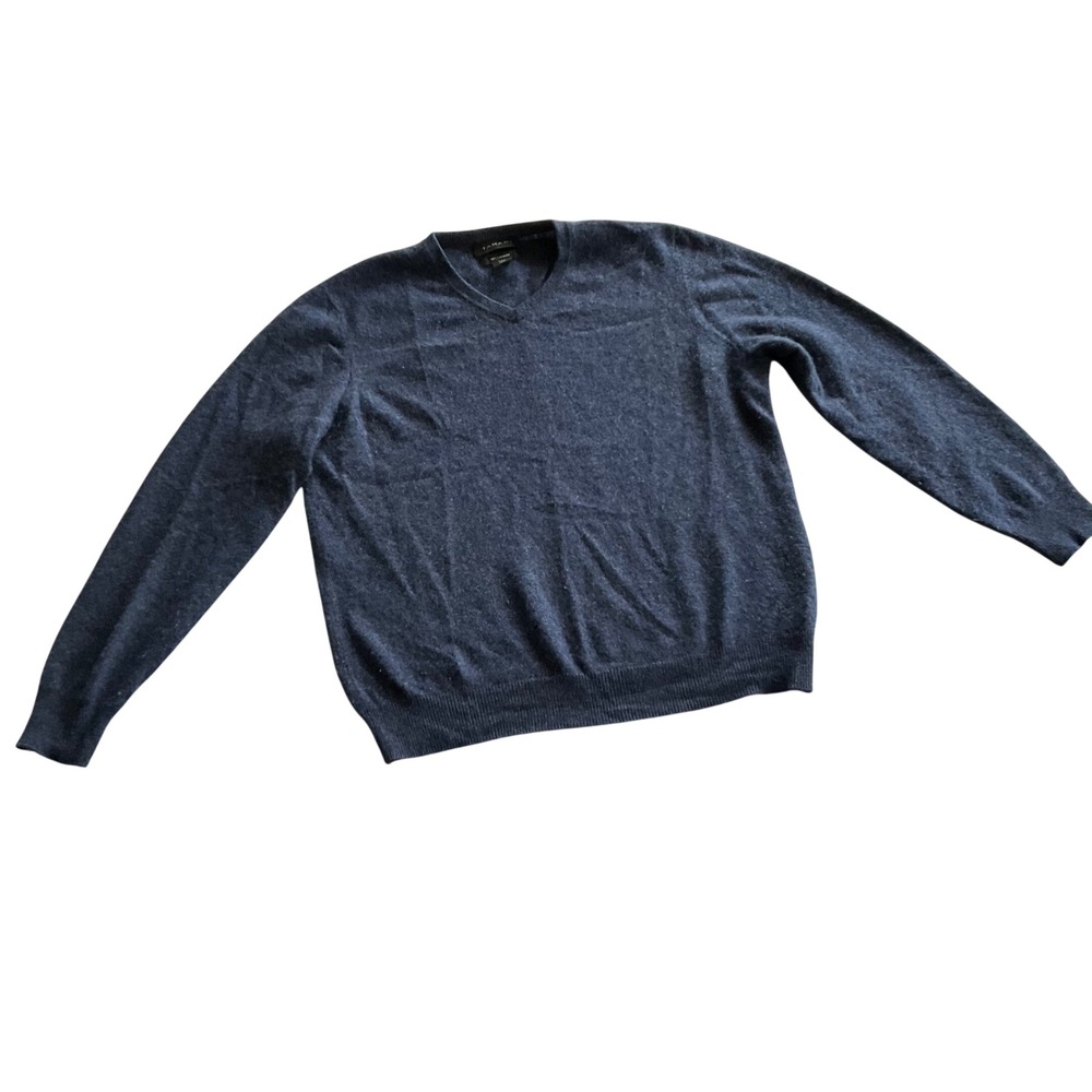 Tahari V-Neck Sweater Mens Large‎ Blue 100% Cashmere Long Sleeve Knit